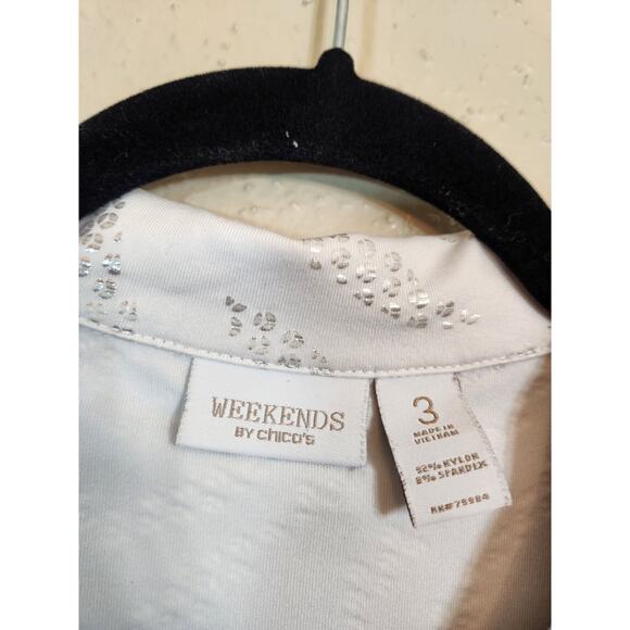 Weekends By Chico's Women's White Silver Print Short Sleeve Polo Shirt Size XL - Picture 3 of 5